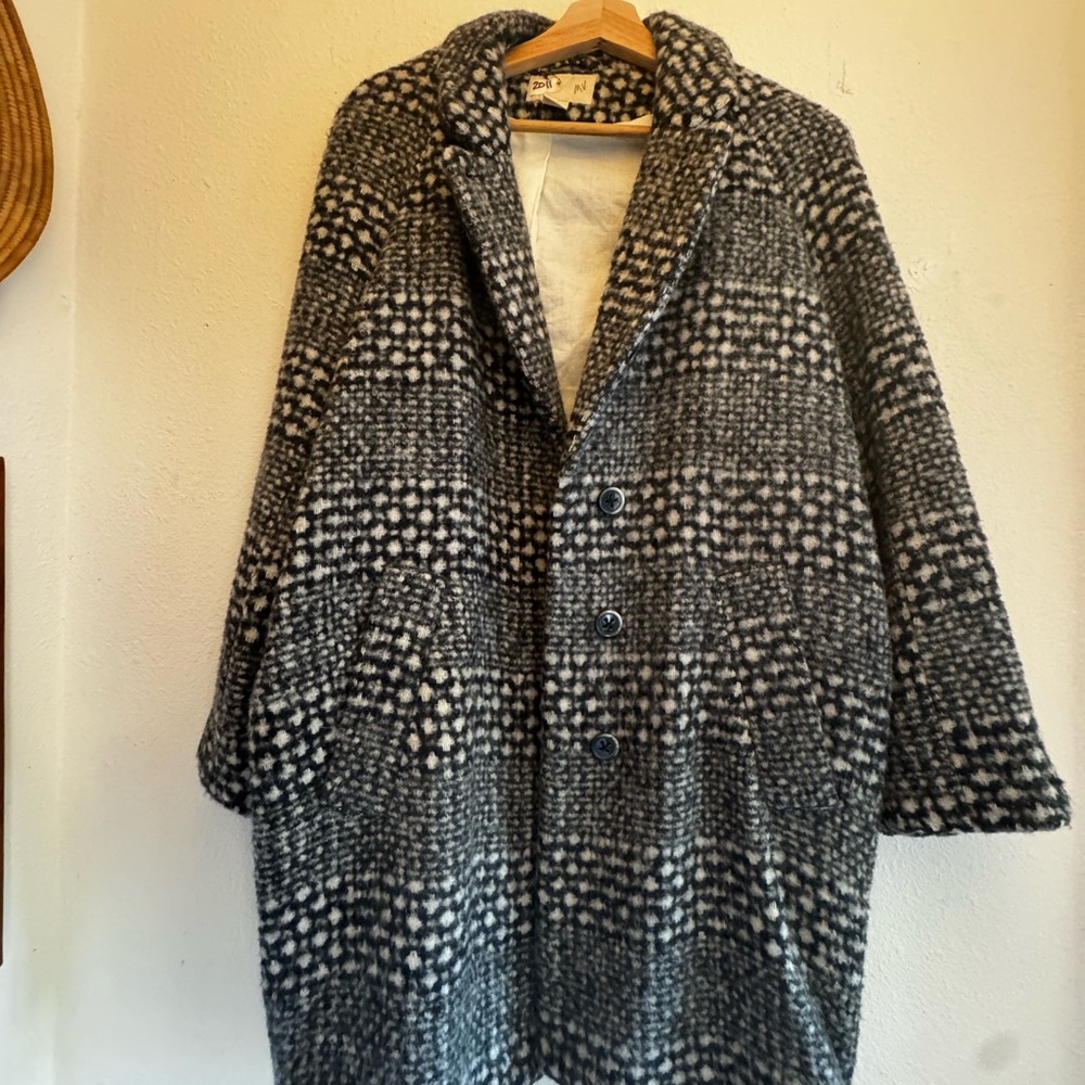 H&M Black & White Patterned Oversized Pea Coat